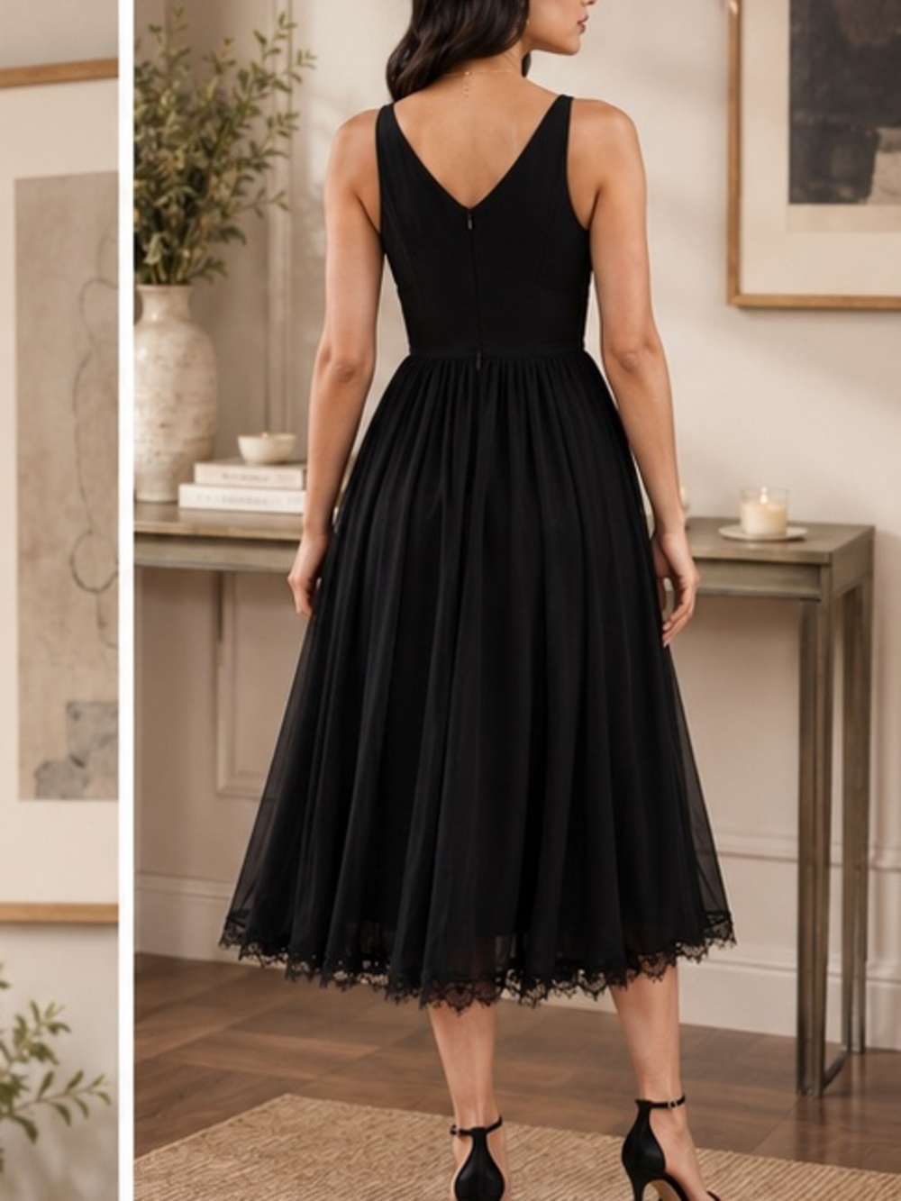 Dress the Population Alicia Dress Black Chiffon Midi Twirl V-Neck Size S - Picture 2 of 16